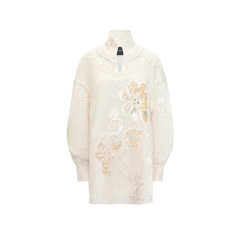 M essential Mackay designer Hip Burnt Stacked Trim Stand Collar Loose Top - sent.