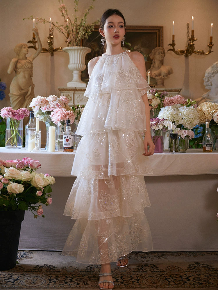 Wardrobes by Chen Luxury offwhite Sequin Halter Cake Dress -Seline L / White Wardrobes by Chen Luxury offwhite Sequin Halter Cake Dress -Seline L / White