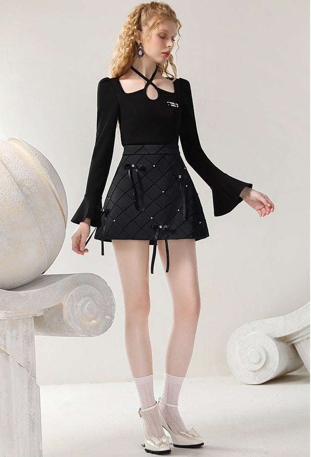 CHECOCRE Elegant Women's Design Sense Bow Satin Rhombi Two Piece Set - DESIRE