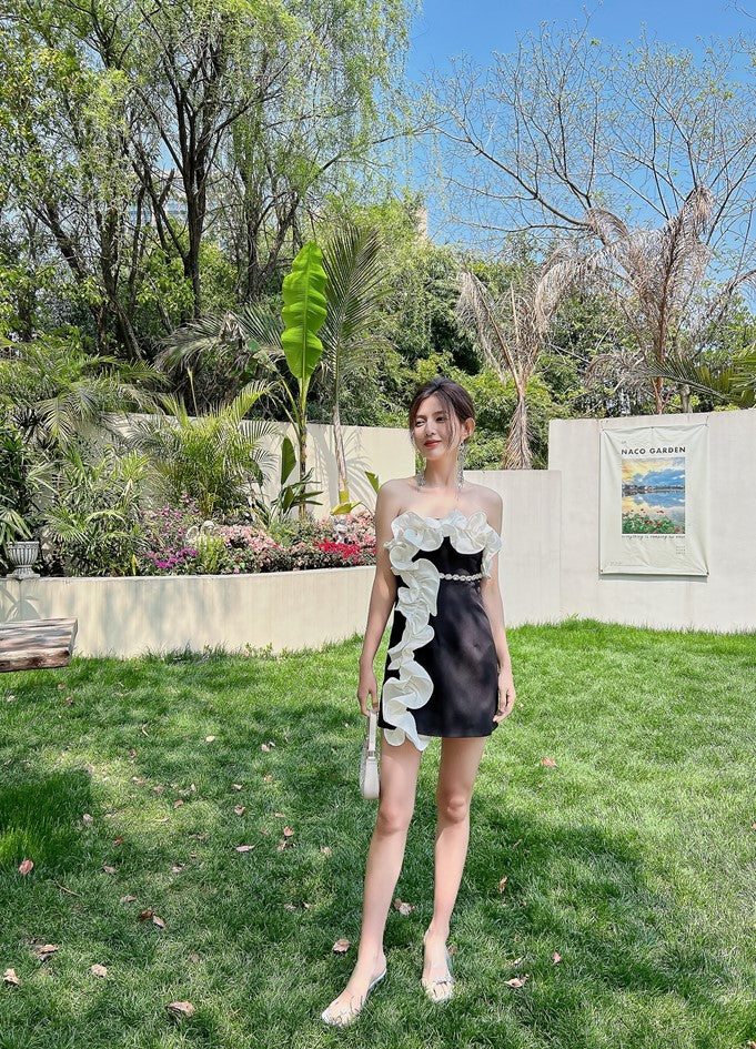 DOLLY Elegant Black Off Shoulder White Ruffle Tube Top Short Date Dress-JAJA