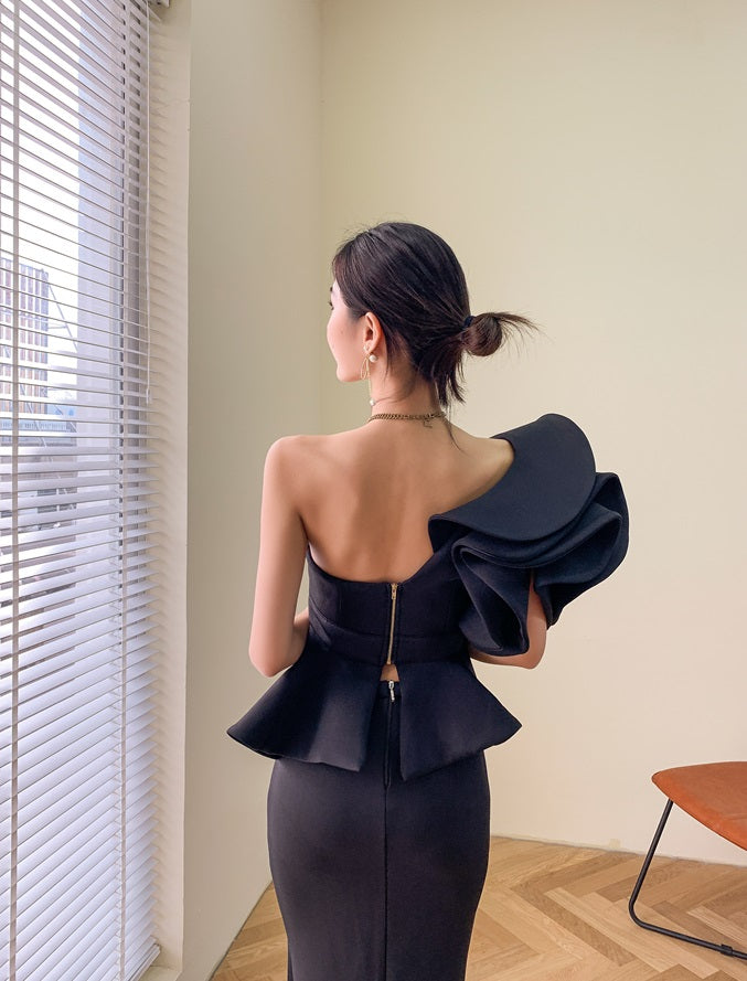 DOLLY Elegant French Style Off Shoulder Ruffle Short Top+ High Waist Skirt-LOIS