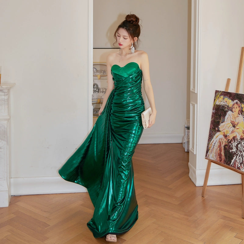DOLLY High End Green Off Shoulder Chest Wrap Irregular Fish Tail Dress-LEAH M / Green
