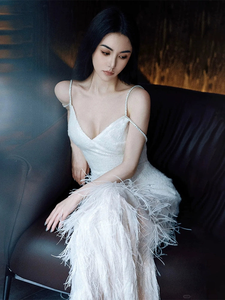 Engagement Bridal Dresses For Girls Wardrobes By Chen Luxury White V-Neck Feather Engagement Bridal Dress-Destiny M White Engagement Bridal Dresses For Girls Wardrobes By Chen Luxury White V-Neck Feather Engagement Bridal Dress-Destiny M White