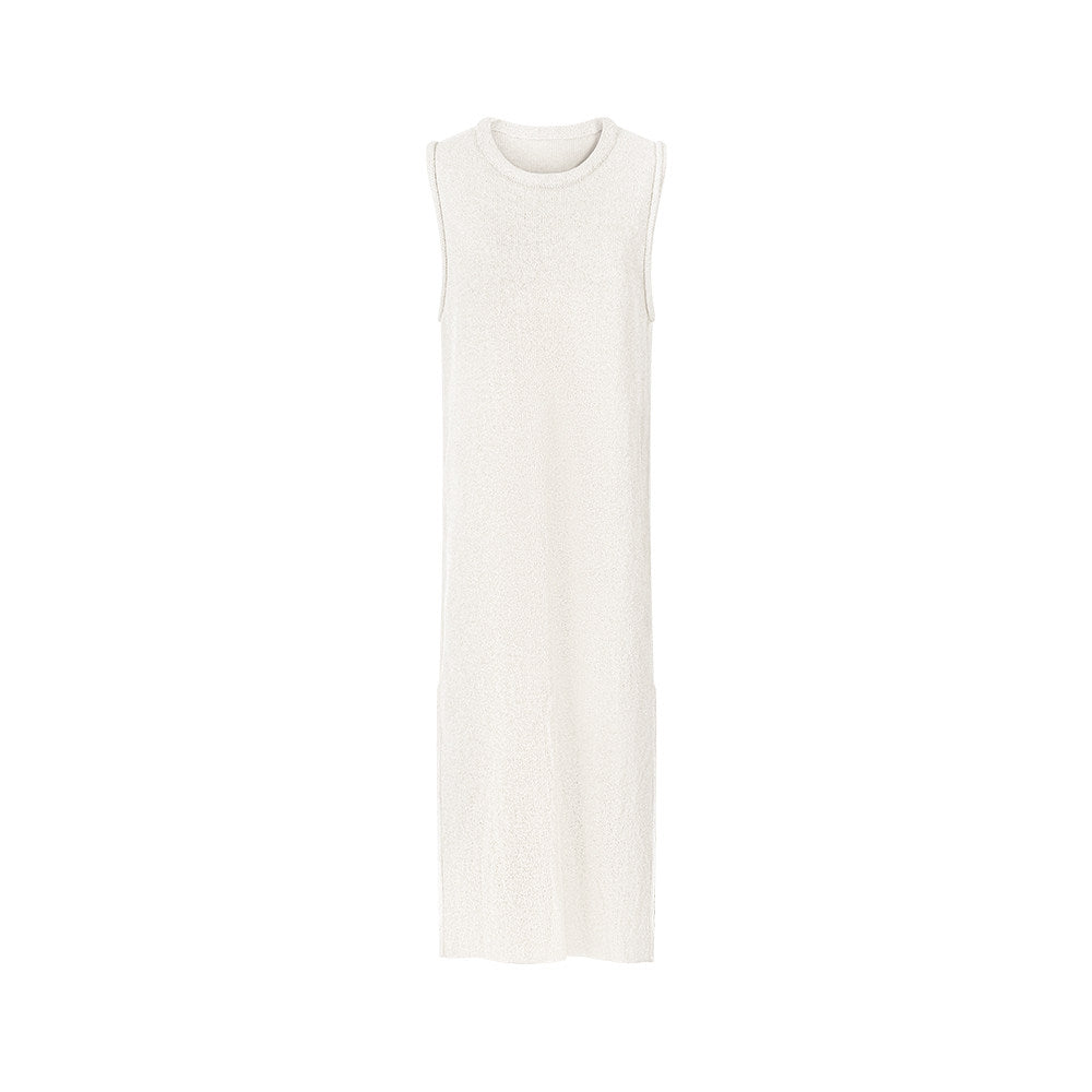 TUYUE Simple and elegant knitted crew neck sleeveless double slit dress- BRONU.