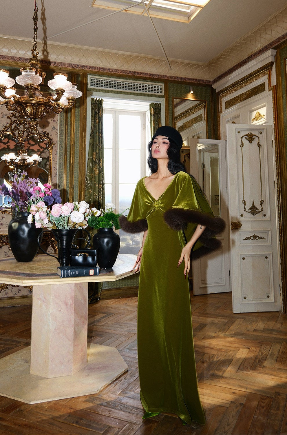 MEI SANGUAN Green V-neck short-sleeved fox fur dress - OLIVER