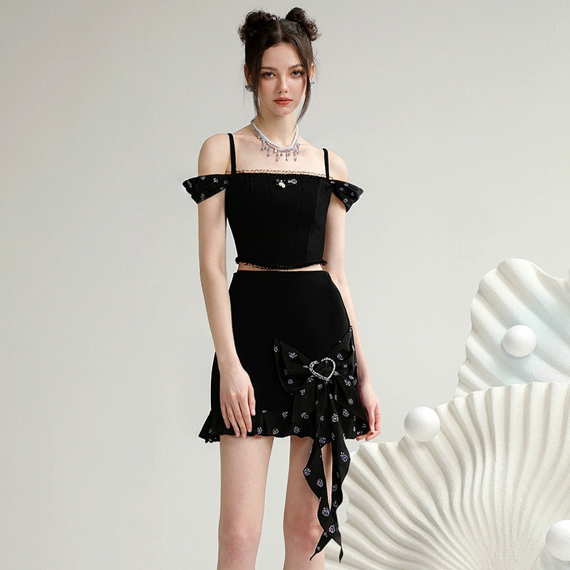 CHECOCRE Cute Suspender Knitted Jacquard Top Short Skirt - EVEREST