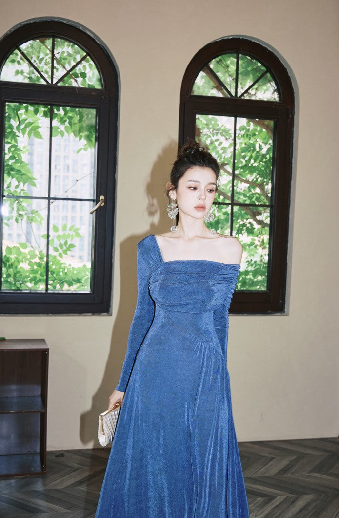 DOLLY Luxury Fog Blue Pleated Off Shoulder Slant Collar Long Sleeve Banquet Dress-MAYA