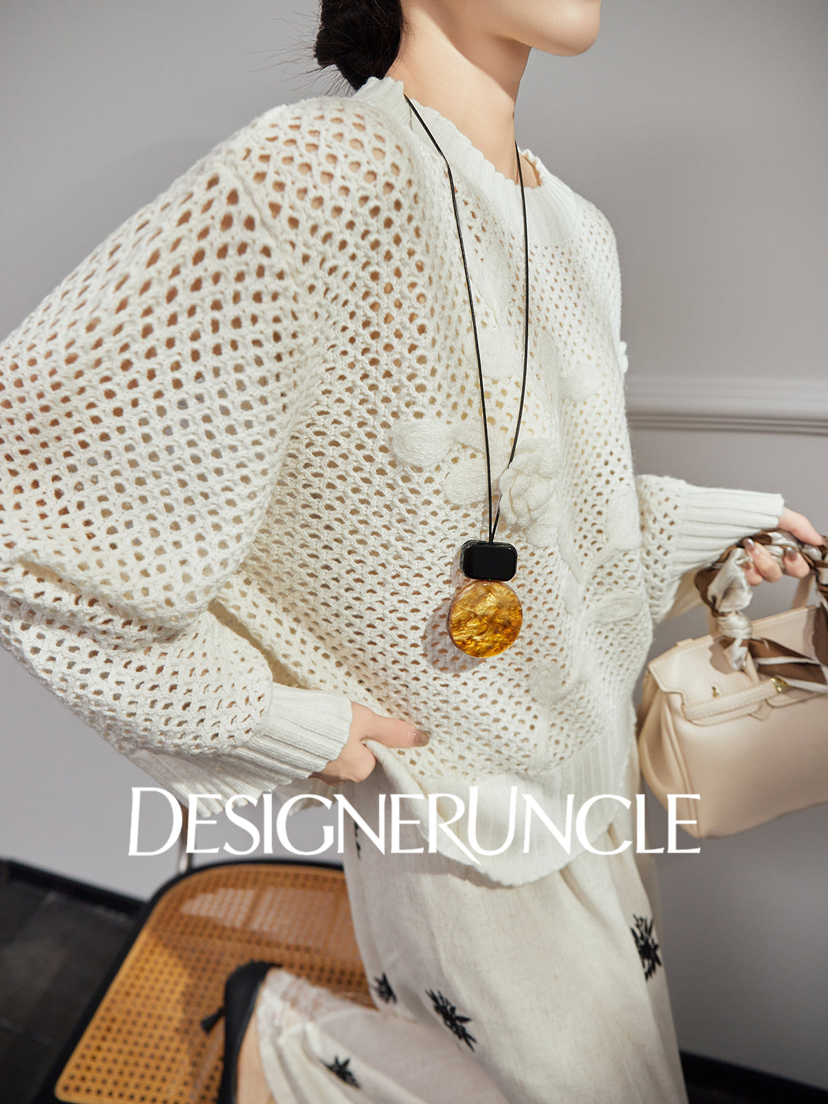 DGU|White sweater new loose design niche pullover light luxury hollow knitted top - BEHOLD.
