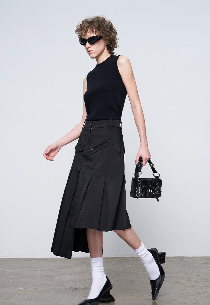 ANNAKIKI model black asymmetrical pleated skirt for women-CHIKAKO