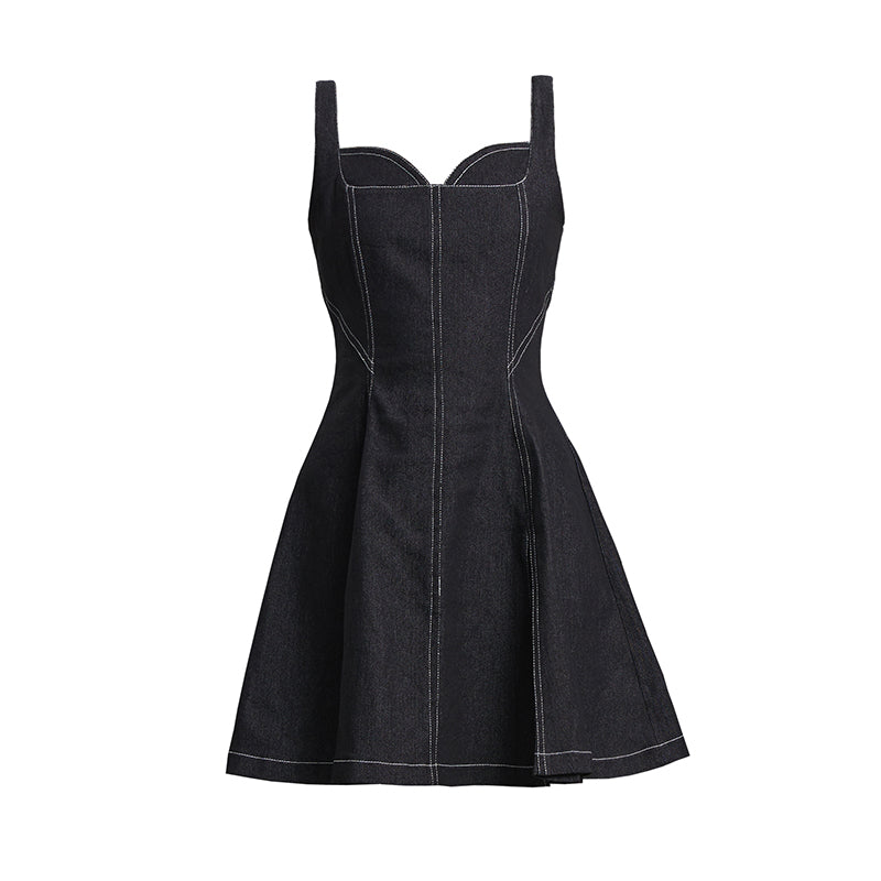 TINY IN topstitched denim women's summer short black dress -DAZE