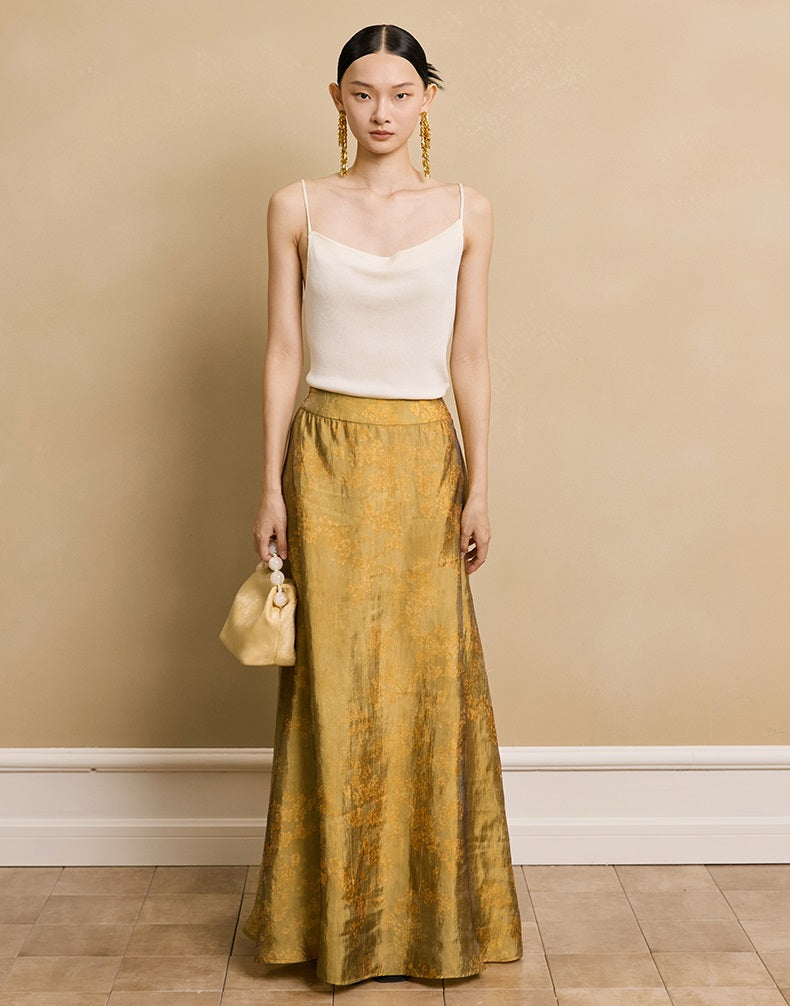 HECO Cherry Blossom Print High Waist A-Line yellow Drape Skirt - gold.