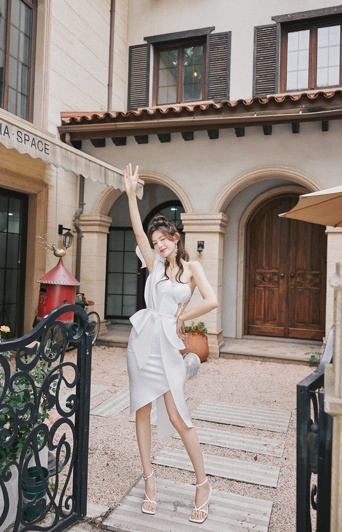 DOLLY Elegant Ruffled Off Shoulder Hollow Waist Irregular Hem Dinner Dress-NINA