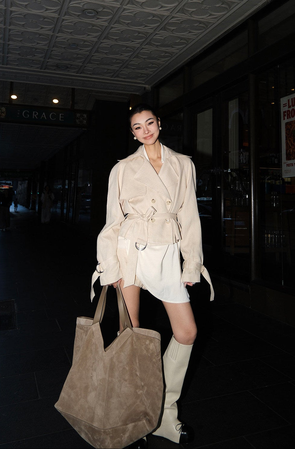 MEI SANGUAN Beige Double-Breasted Short Trench Suit Set - AMANDA