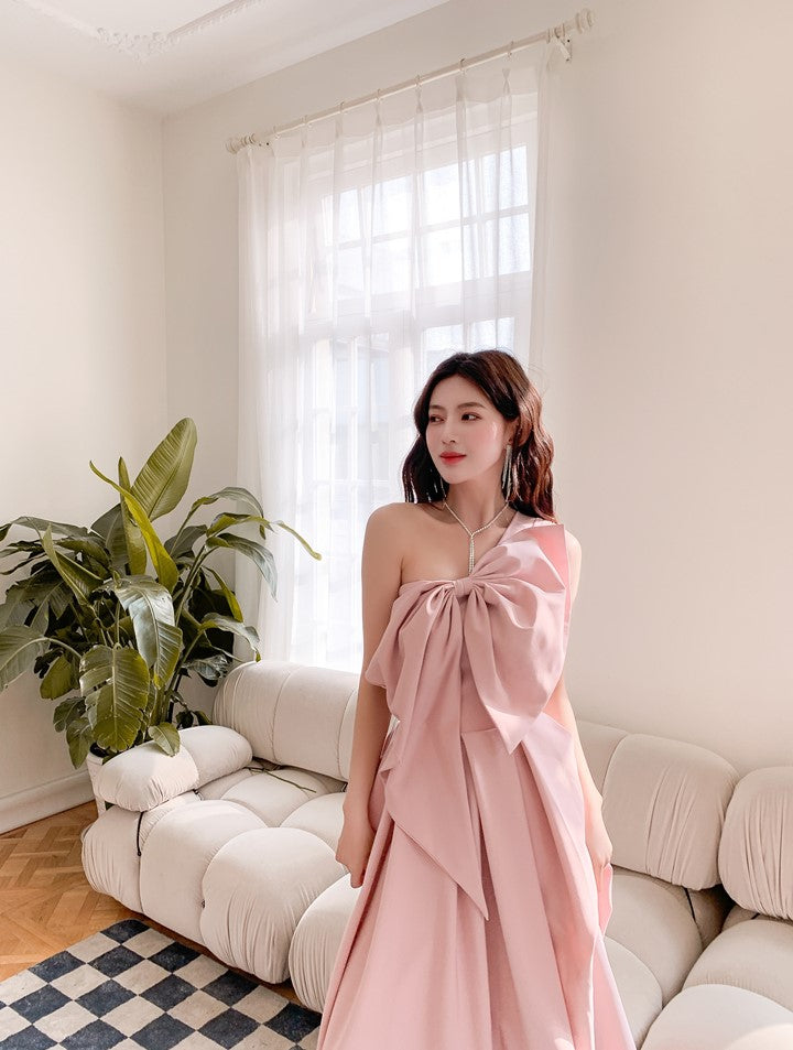 DOLLY High End Retro Style One Shoulder Big Bow Long Dinner Dress-KIKI