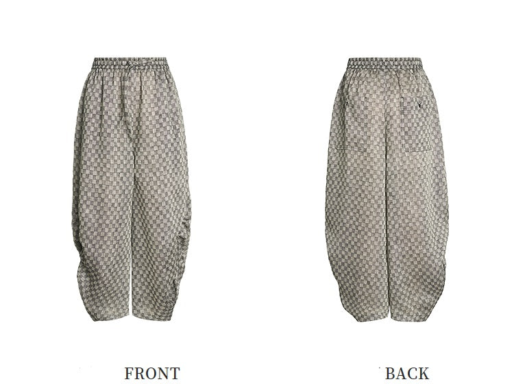 ZHUCHONGYUN linen checkerboard jacket with shirred baggy slacks outfit set-ZIRA.