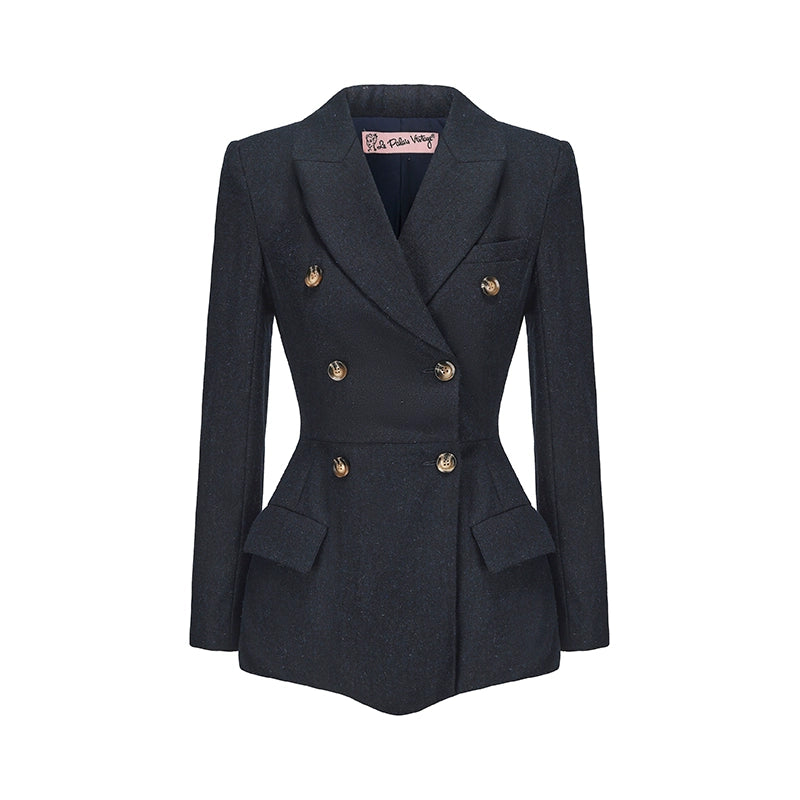 Le Palais Vintage Luxury Navy Blue Lapel Long Sleeve Suit + Long Slit Skirt-ZANE.