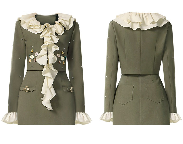 CHECOCRE Elegant Romantic Casual Ruffle Design Olive Green Mini Skirt Suit Set - DANIEL