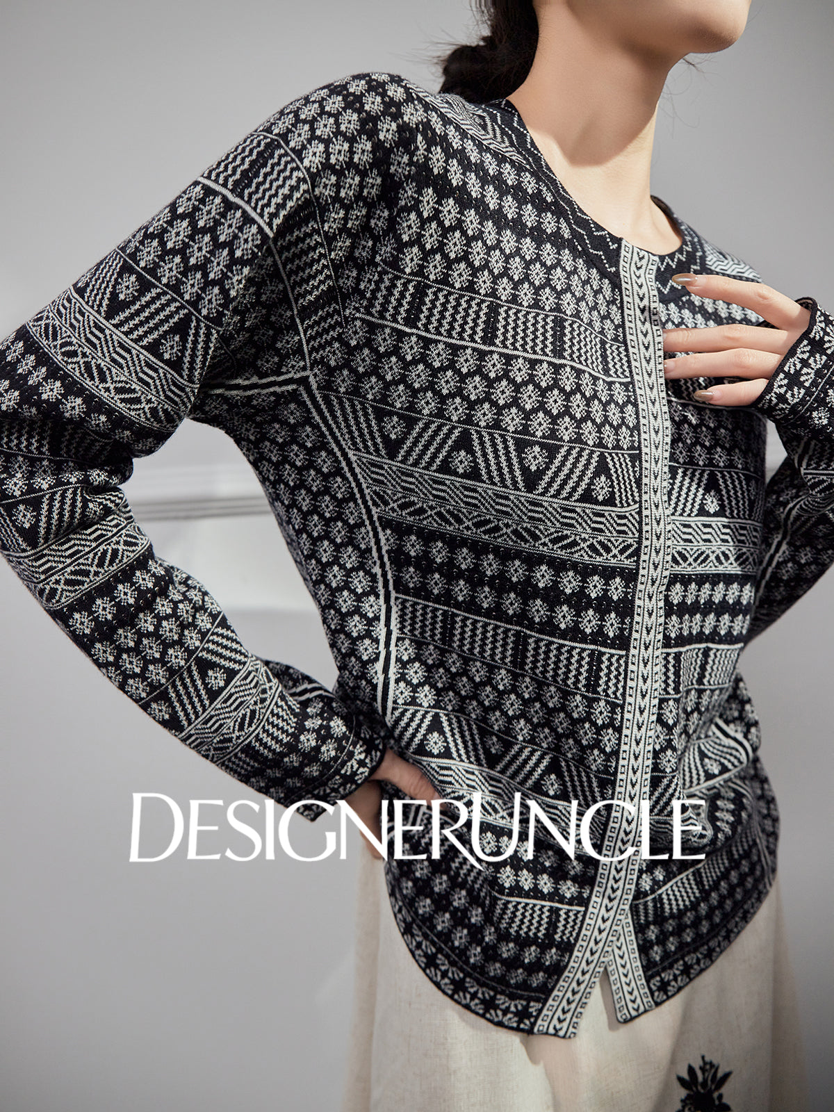DGU| Black sweater geometric jacquard niche design jacket knitted top - JUGALAR.