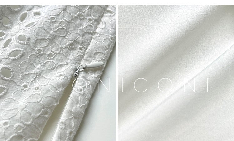 Aconiconi Luxury French lace cotton White Long Sleeve Short A-Line Dress- Smoke