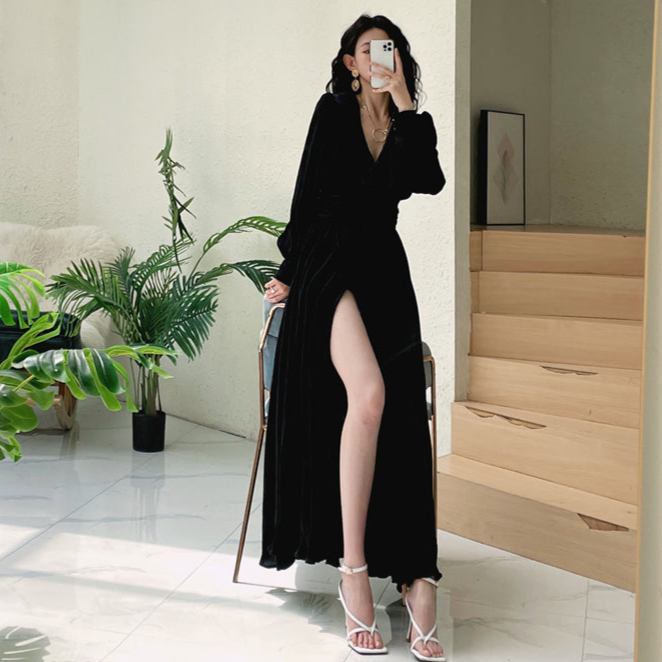 DOLLY Elegant Peach V-Neck Long Puff Sleeve High Waist Long Flowing Guest Dress-BESTY