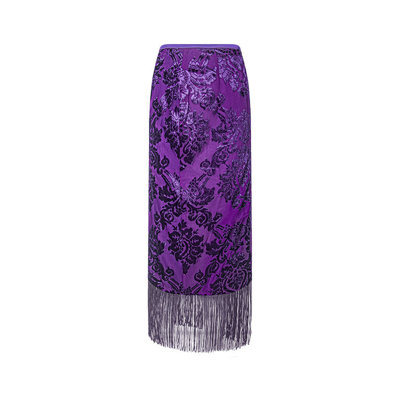 TUYUE silk burnt flower tassels midi skirt - MIN.