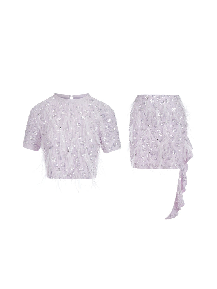 Wardrobes by Chen Elegant Short Sleeve Diamond Feather Top/Short Skirt- Milo