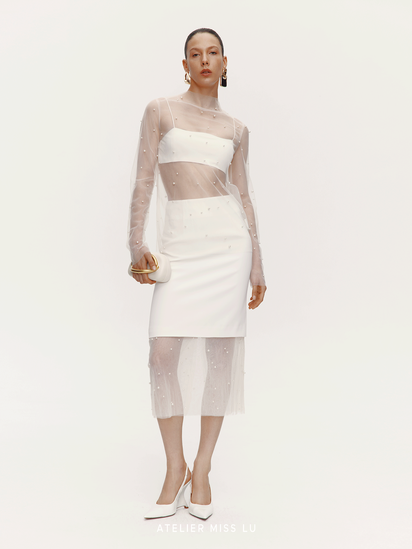 ATELIER MISS LU pearl embellishment see-through heavy yarn top - EMMA.
