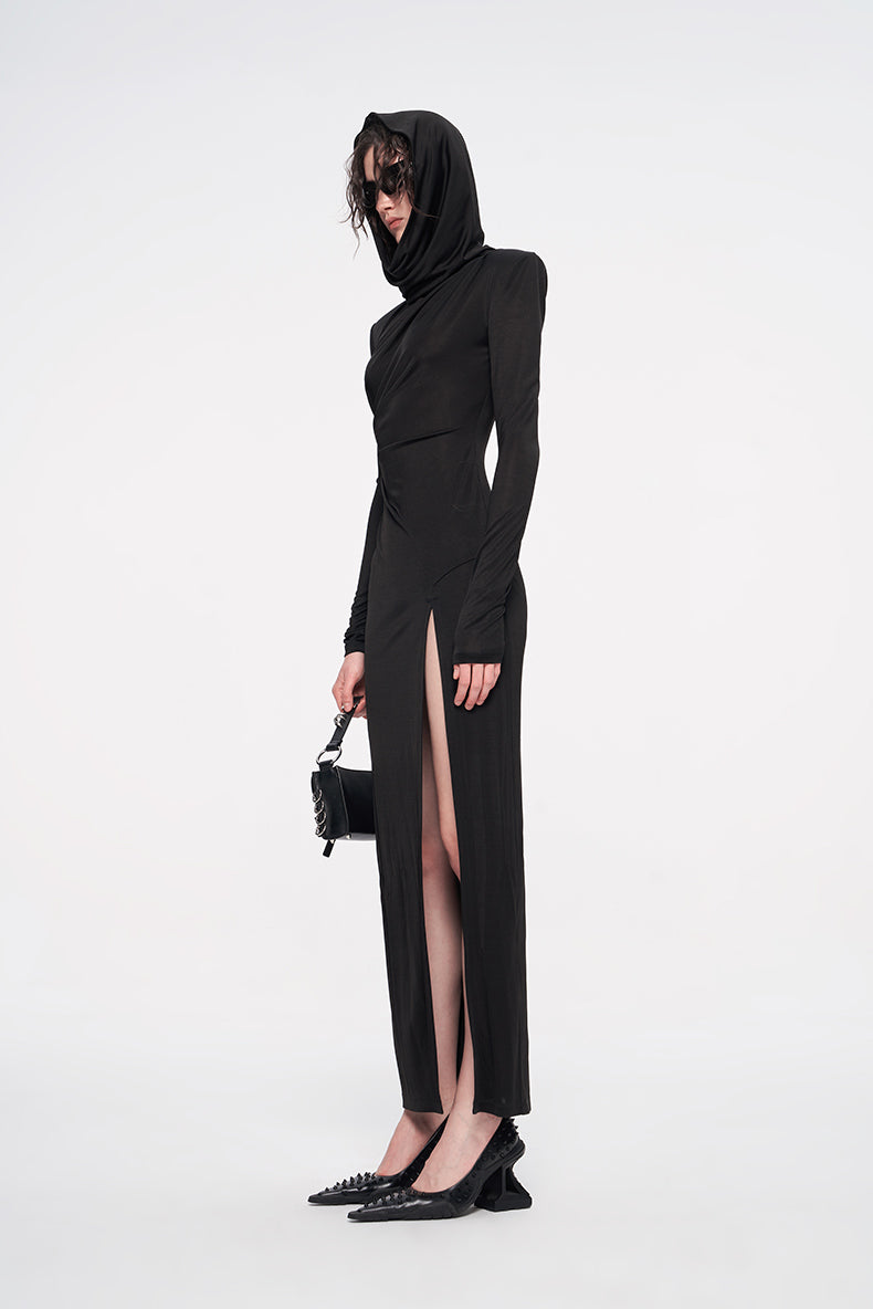 ANNAKIKI Designer Black Acetate Hood Slit Long Skirt Dress-HARUNA