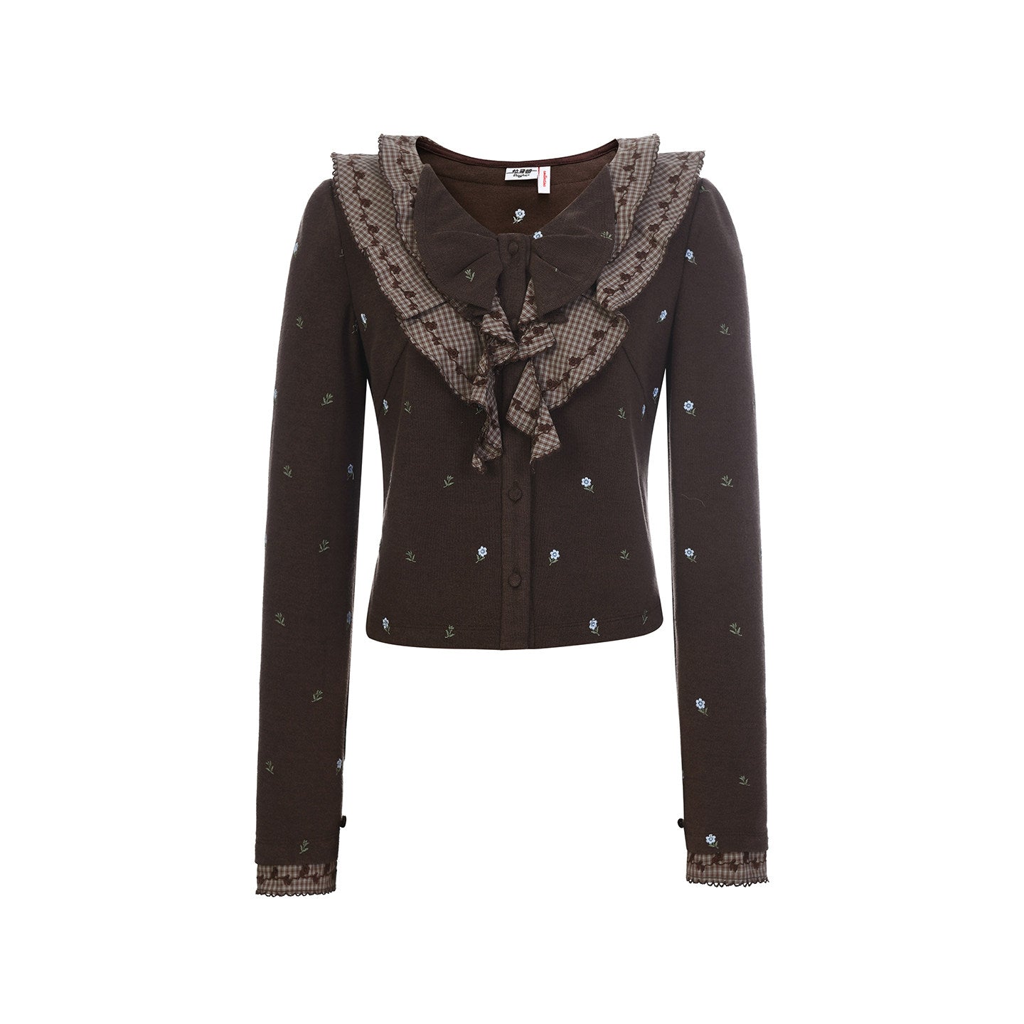 FAME Retro Style Three-Dimensional Embroidered Ruffle Leaf Plaid Collar Top - MIA.