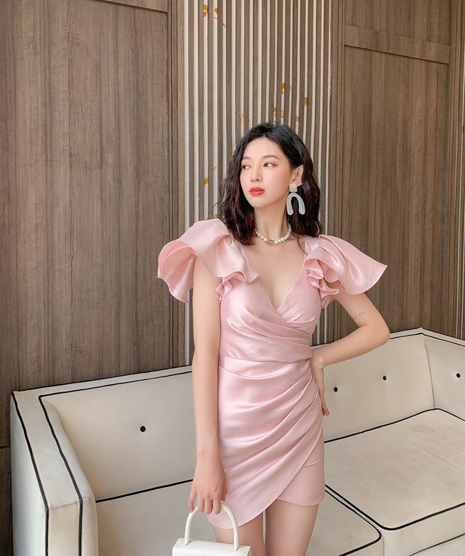 DOLLY Elegant V-Neck Short Flying Sleeve Hip Wrap Short Dinner Date Dress-KELA