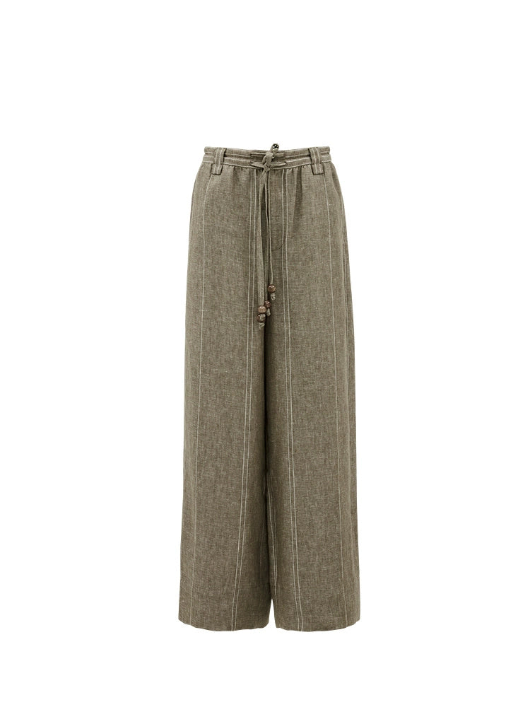 ZHUCHONGYUN loose-fitting striped beaded belted linen trousers-WILLOW.