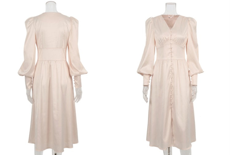 DOLLY Elegant V-Neck Long Lantern Sleeve Long Button Church Dress-NANA