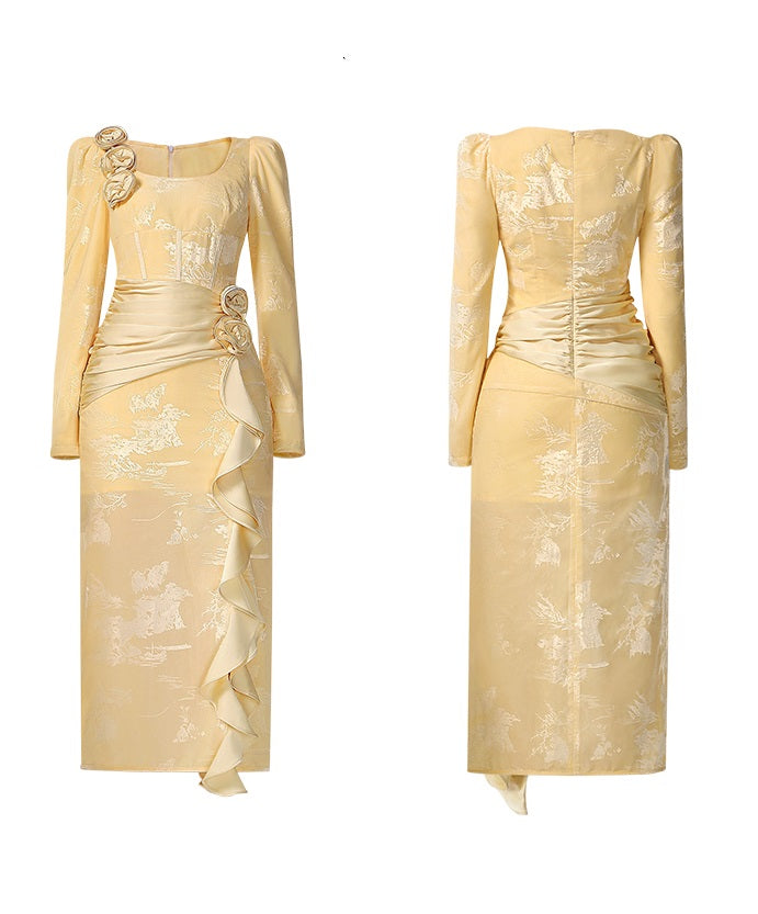 CHECOCRE Sophisticated Retro Warm Yellow Tone Romantic Flowers Long Dress- ANNA
