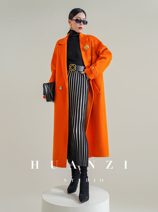 Huanzi tailoring couture minimalist double-sided cashmere wool tweed mid-length coat - Gaue