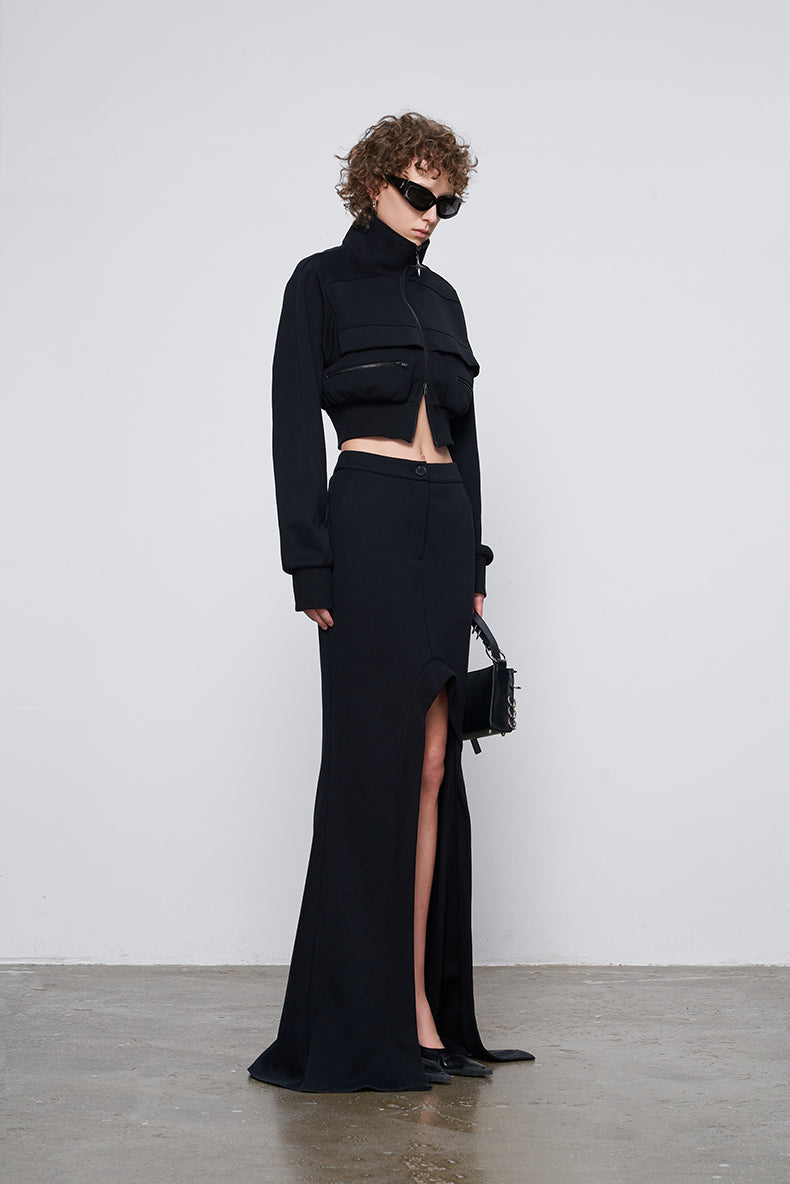 ANNAKIKI Designer Curved Casual Sweat Slit Maxi Skirt-FUKU