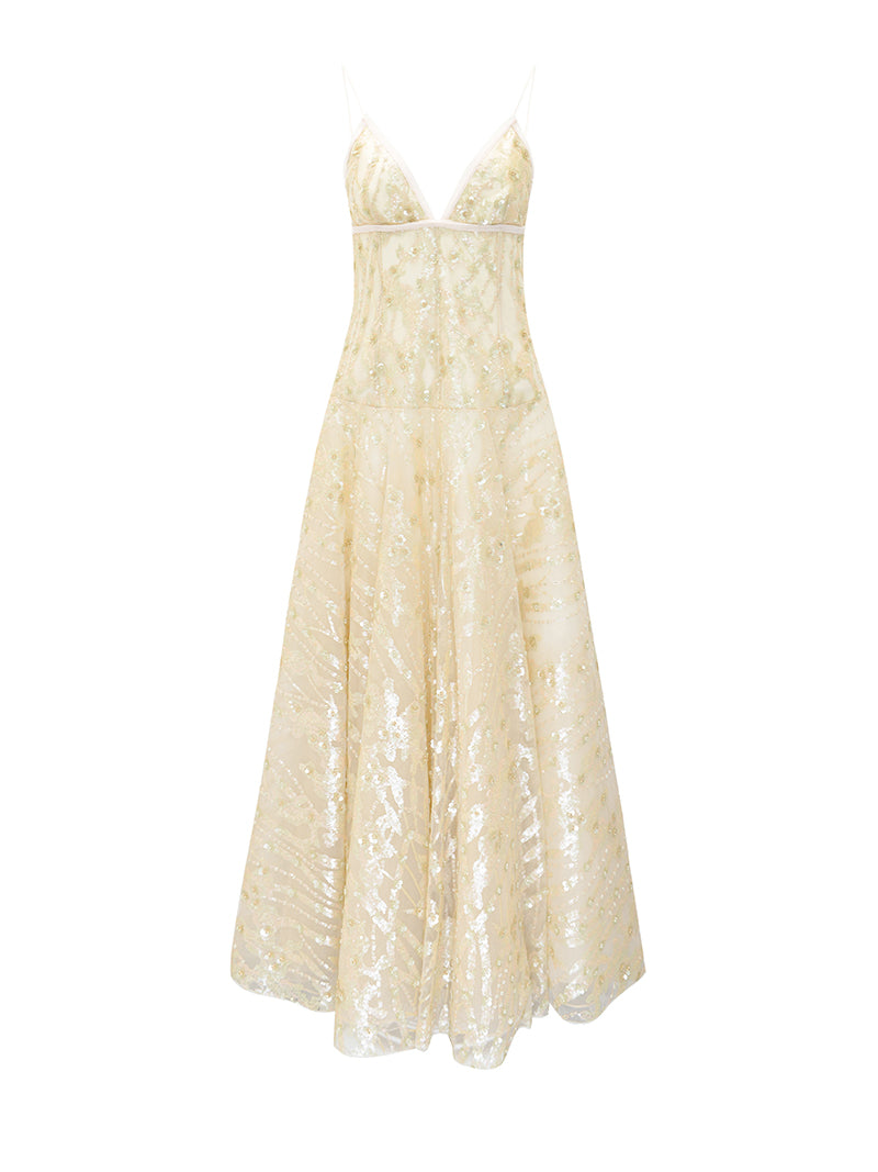 M essential Mackay designer Jinghui embroidered backless suspender dress- CAN.