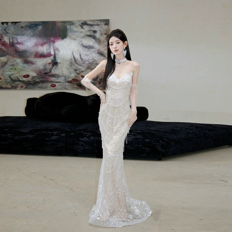 Dolly Luxury Off White Retro Beaded Tube Top Sequin Long Wedding Dress-MARKU L / As Shown Dolly Luxury Off White Retro Beaded Tube Top Sequin Long Wedding Dress-MARKU L / As Shown