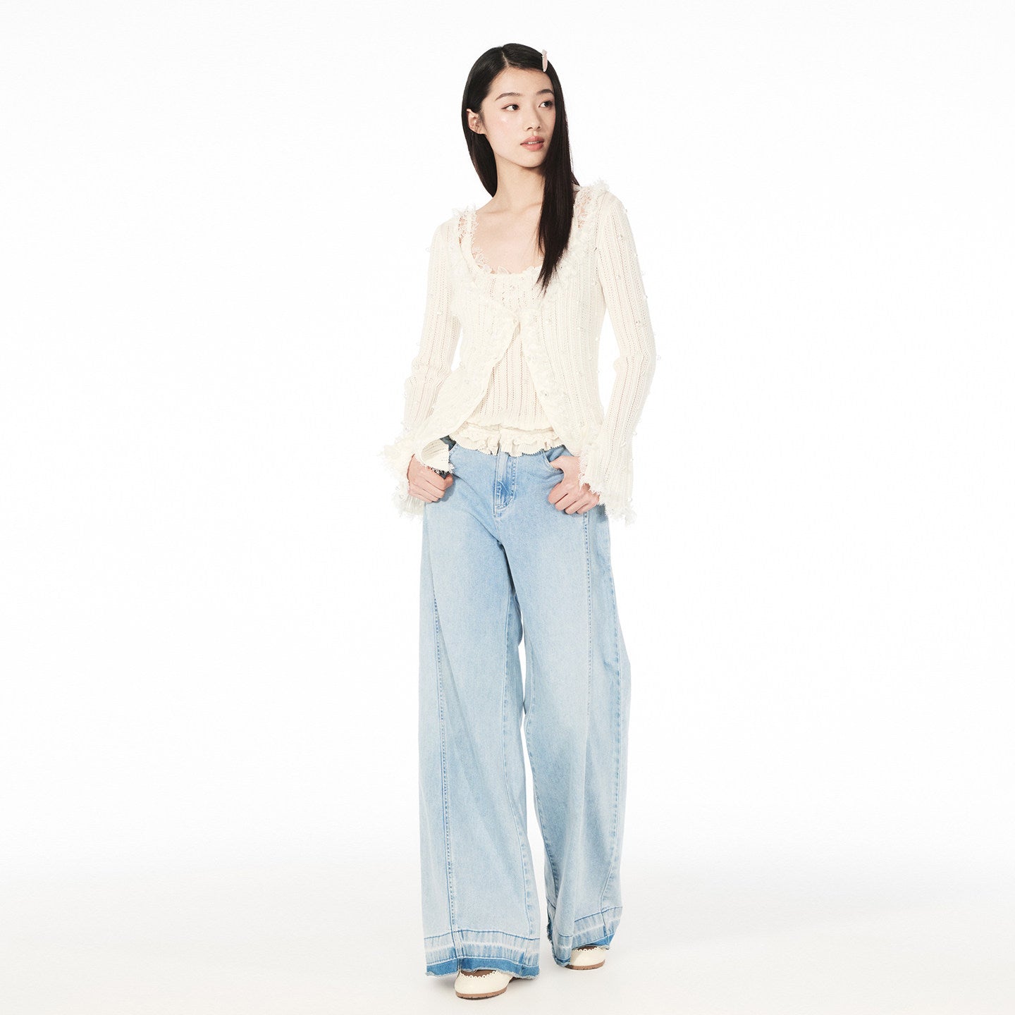 FAME Comfortable Fairy Lace Spliced Knitted Cardigan Top - MASON