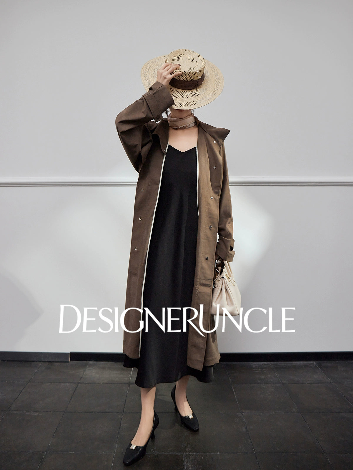 DGU |Dark Brown Trench light Luxury Design coat Collar Temperament Long Niche Top - Antonia.