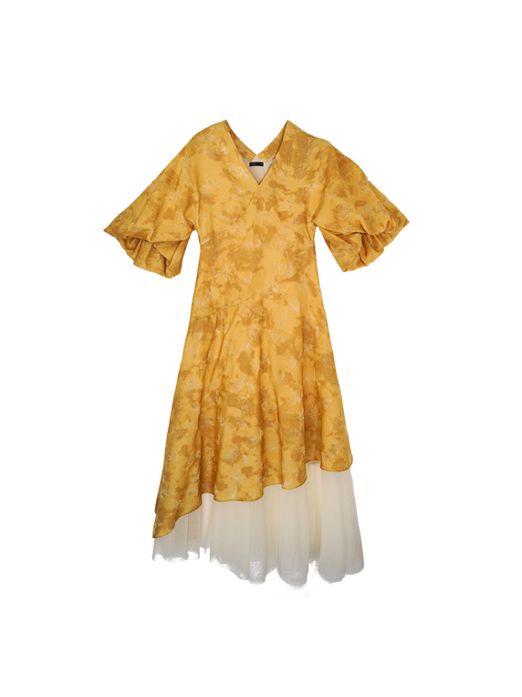 HECO Chinese V-Neck Waist Summer Elegant Floral Stitched Mesh dress - TULIP .