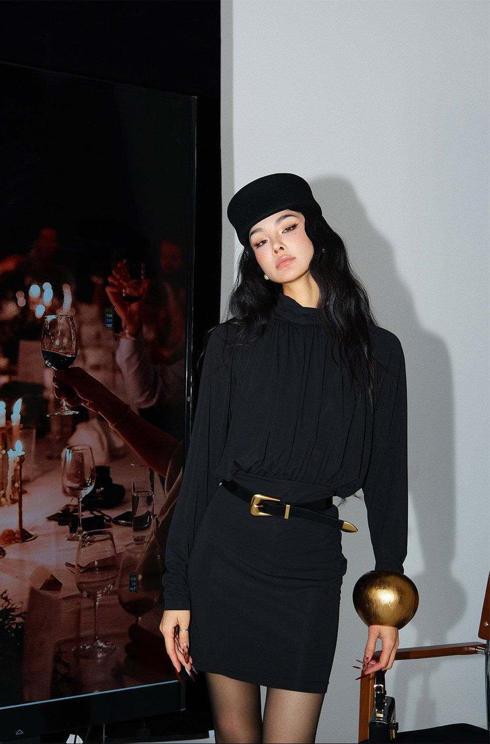 MEI SANGUANG Black semi-turtleneck hip-hugging short dress - SABASTIAN