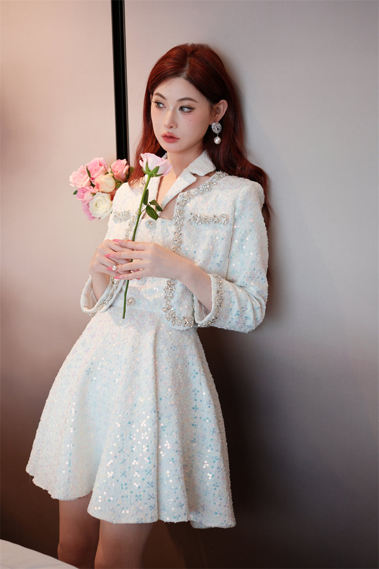 Wardrobes by Chen Luxury White Jacket/Sleeveless Embroidery sequin tweed Dress-Khris