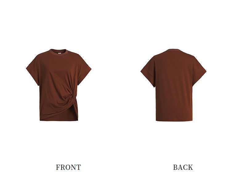 ZHUCHONGYUN wide-shouldered pleated waist slim crewneck top-LOVE.