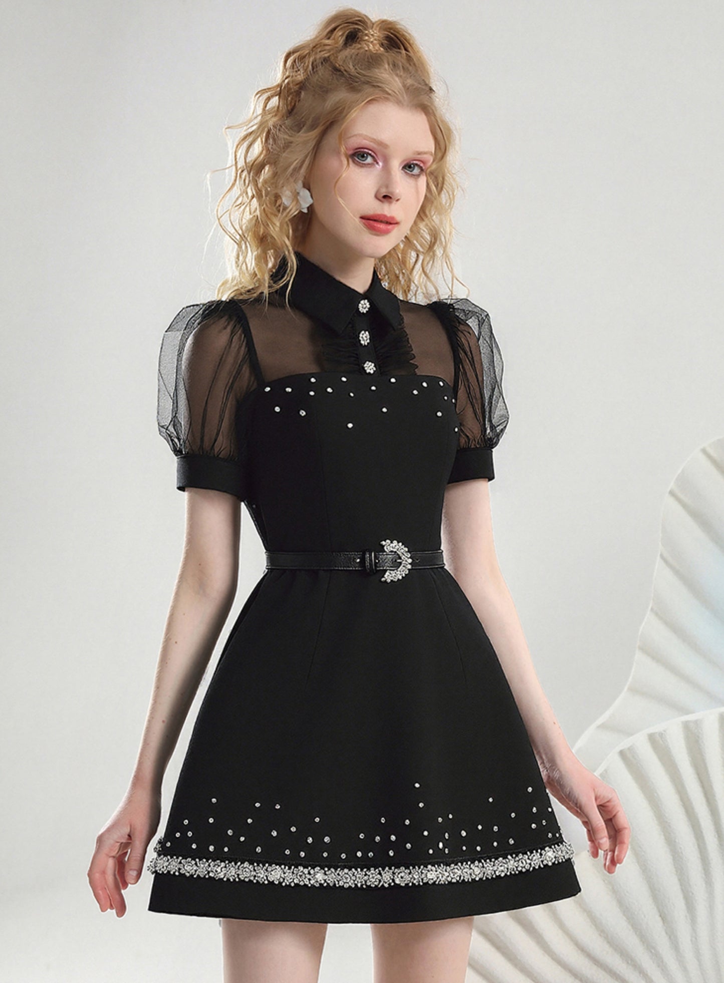 CHECOCRE summer new nail diamond mesh puff sleeves cinched waist thin little black dress - SCRUB .