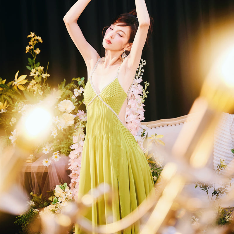 DOLLY Elegant Green V-Neck Sleeveless Slim Fit Backless Slit Resort Dress-JUN