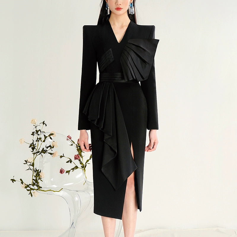 CHECOCRE Classy Design Sense Slit Temperament Elegant Black Suit Dress - ENYA
