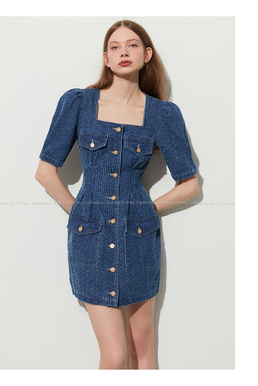 DPLAY summer french square neck puff sleeves denim blue dress - Kaii