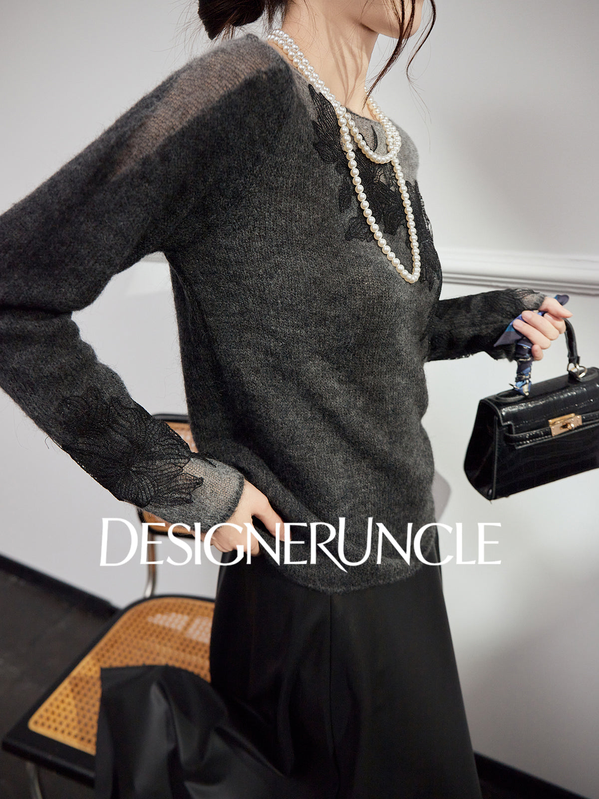 DGU "Yanci" black sweater crew neck commuter versatile slimming knitted long sleeves - GARP.