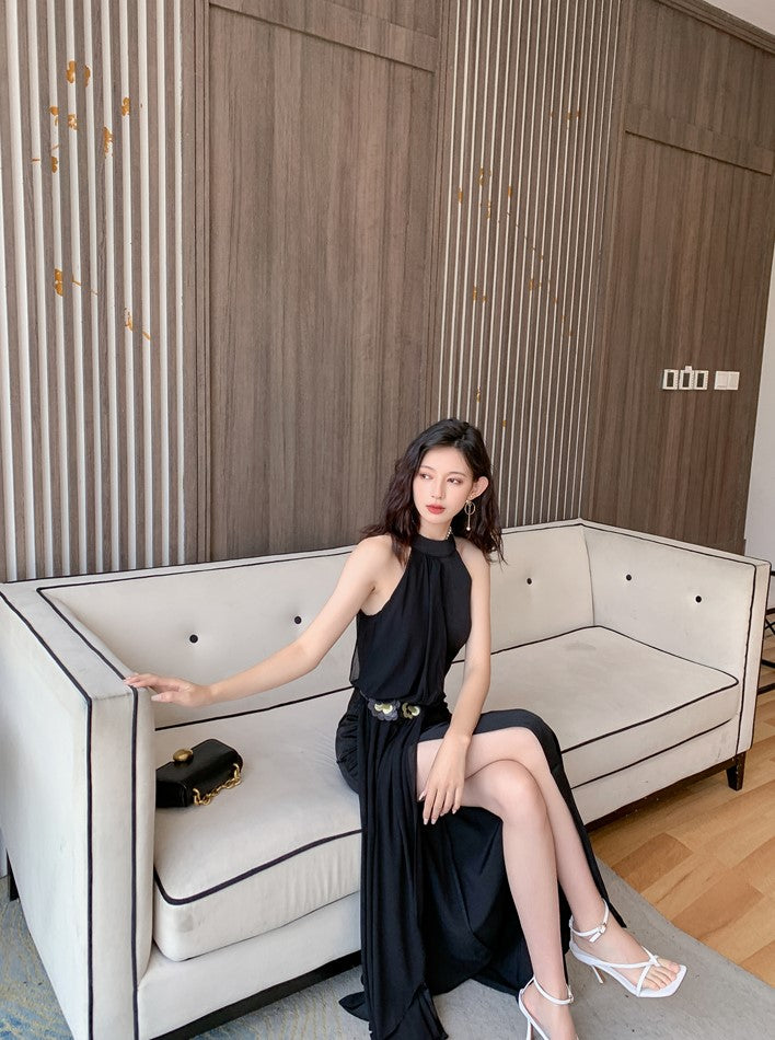 DOLLY Elegant Retro Style Black Sleeveless Halter Neck Long Chiffon Banquet Dress-