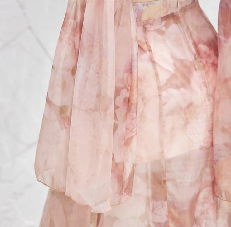 DOLLY Luxury Retro French Style Long Sleeve Top+ Retro Print Midi Slit Skirt-BIANCA